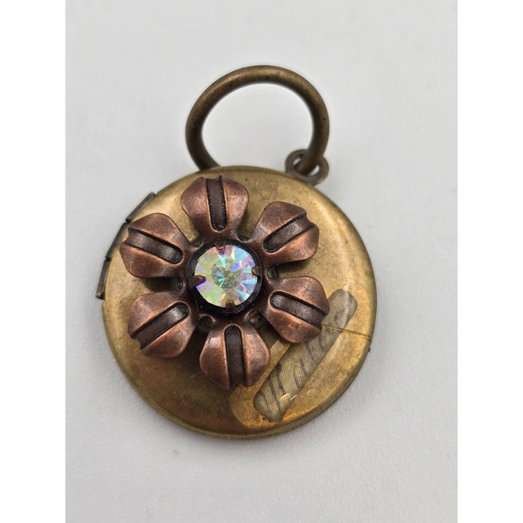 Jewelry - Vintage Brass Copper Flower Sweetheart Locket Pendant‎ Rhinestone Floral Small